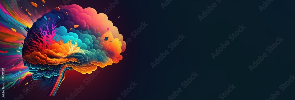 Colorful brain on a dark background banner. Creative concept of inspiration. With copy space - Generative AI