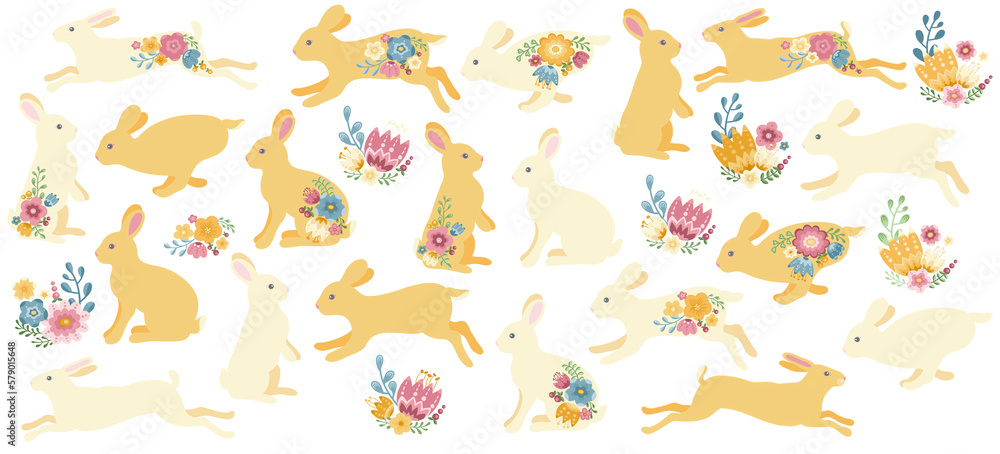 Easter rabbits and flowers illustration set, beige bunny and colorful floral elements for Easter celebration decor
