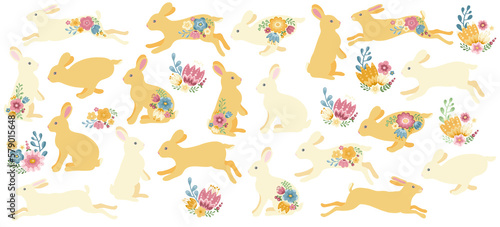 Easter rabbits and flowers illustration set, beige bunny and colorful floral elements for Easter celebration decor © Olga Begak Art