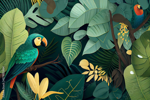 Exotic and tropical leaves with colorful bird background. Flat lay. Generative Ai © marcin jucha