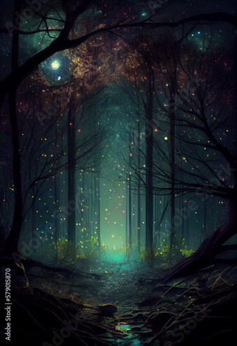 Magic fairy forest. Illuminated trees. Fantasy theme. Generative Ai