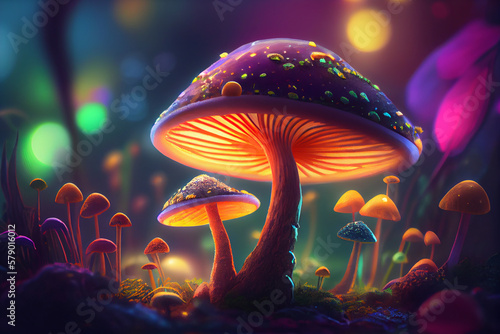 Magic glowing mushrooms in fantasy forest. Magical fairy landscape. Generative Ai