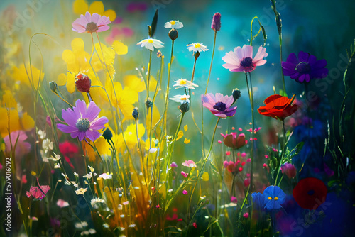 Colorful fresh flowers on summer wild meadow. Generative AI