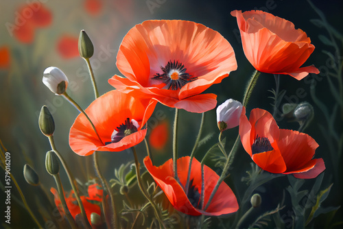 Wild red poppy flowers in meadow at summer. Generative AI