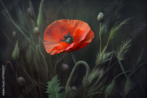 Wild red poppy flowers in meadow at summer. Generative AI