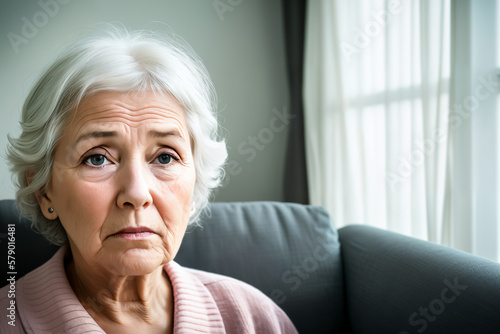 Mature woman sitting on the sofa feeling sad and alone. Upset elderly 70s female have headache while in living room at home. Generative ai.