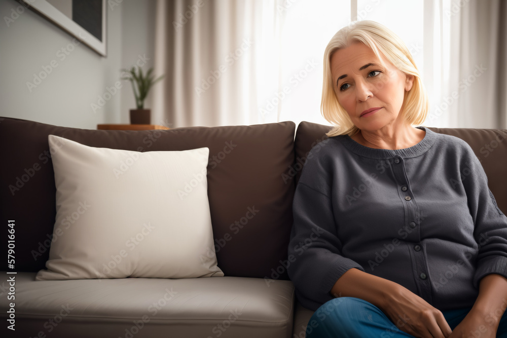 Mature woman sitting on the sofa feeling sad and alone. Upset elderly 70s female have headache while in living room at home. Generative ai. Mature woman sitting on the sofa feeling sad and alone. Upset elderly 70s female have headache while in living room at home. Generative ai.