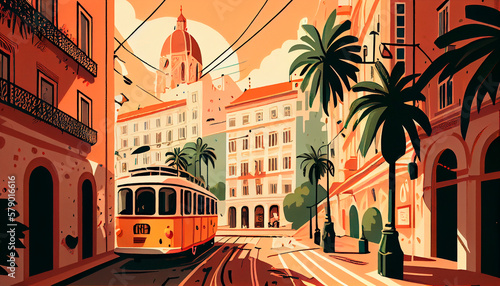  illustration inspired by postcards and posters from the 70s, Lisbon , typical street with a mythical trolley car. Portugal. Europe, background 