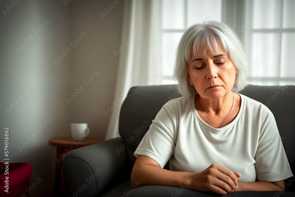 Mature woman sitting on the sofa feeling sad and alone. Upset elderly 70s female have headache while in living room at home. Generative ai. Mature woman sitting on the sofa feeling sad and alone. Upset elderly 70s female have headache while in living room at home. Generative ai.
