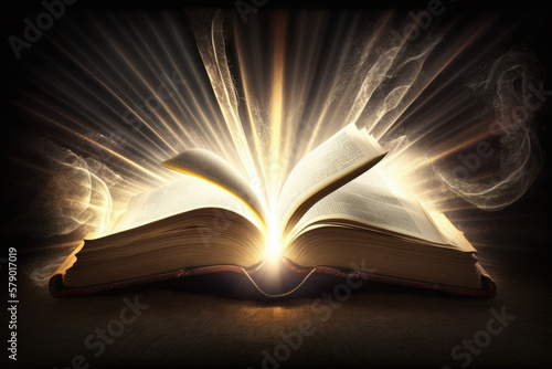 Holy Bible with rays of light coming out. AI generative. © chandlervid85