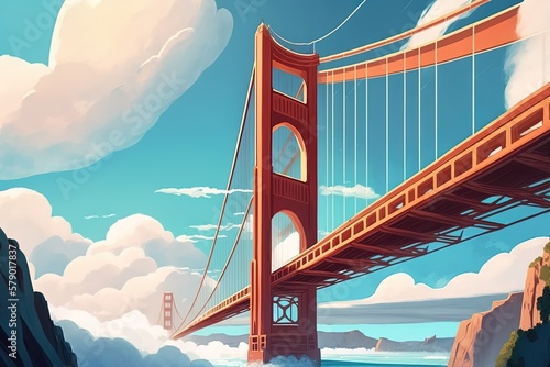 Panoramic view of the San Francisco Bay Area, including the Golden Gate Bridge, taken from a vertical angle on a foggy morning. Generative AI