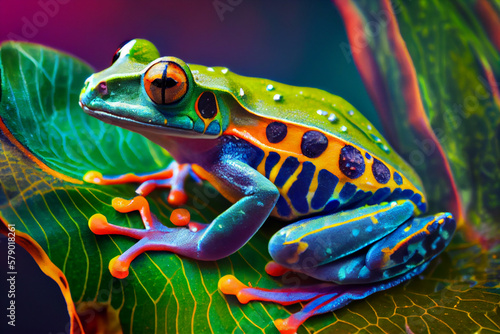 Colorful exotic frog on tropical leaves. Close up view. Generative Ai