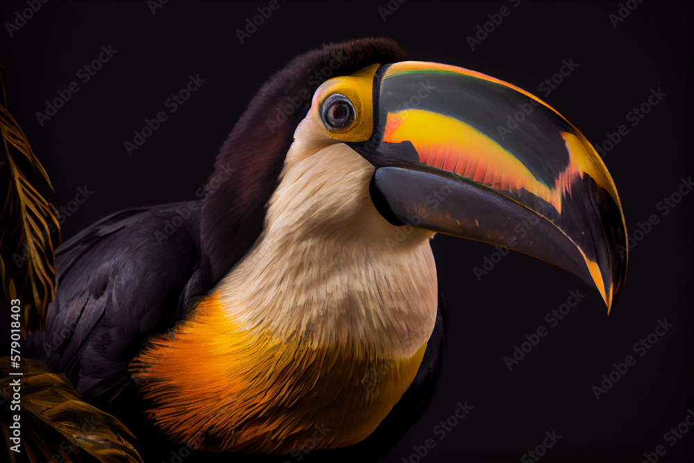 Naklejka premium Toucan bird, close up view on colorful feather. Generative AI