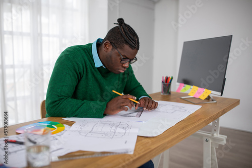 African American Architect Man Working Drawing A Plan At Workplace
