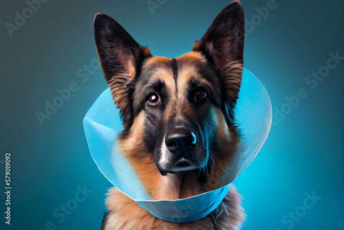 Dog in Elizabethan collar or vet cone, recovering from surgery. Veterinary concept. Copy space. generative AI