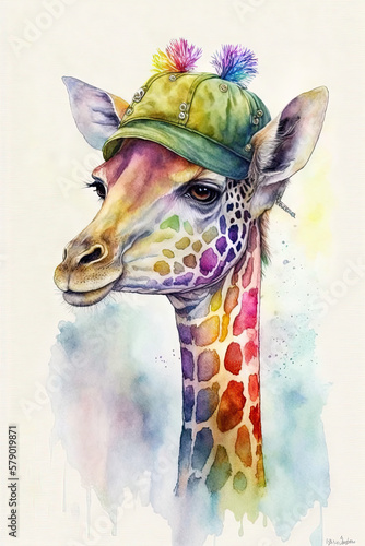 Giraffe wearing Beret, Psychedelic Illustration. Generative AI