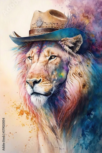 Lion wearing Cowboy hat  Psychedelic Illustration. Generative AI