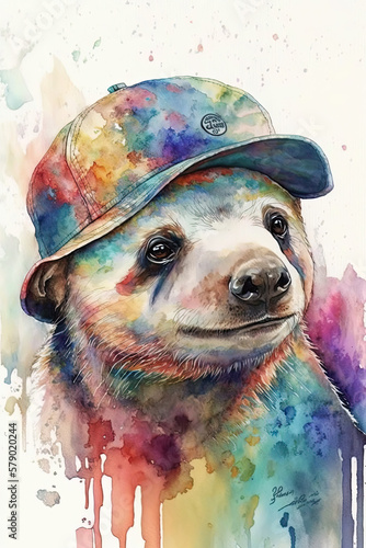 Sloth wearing Hat, Psychedelic Illustration. Generative AI