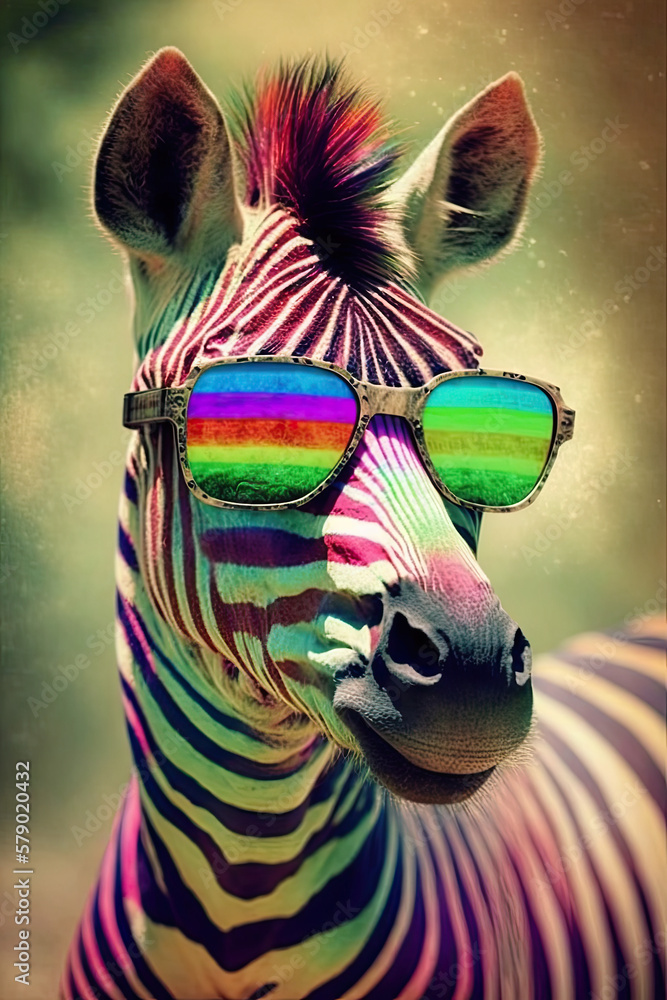 Zebra wearing sunglasses, Psychedelic Illustration. Generative AI