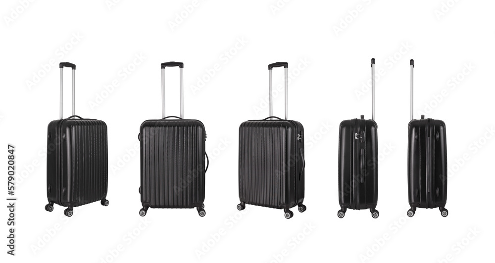 Black plastic suitcase with transparent background, vacation luggage in perspective view Black plastic suitcase with transparent background, vacation luggage in perspective view