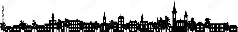 Old historic town silhouette skyline. Vector abstact flat row of houses, churches, buildings with trees, parks and gardens heigbourhood. Rural countryside architecture. - obrazy, fototapety, plakaty 