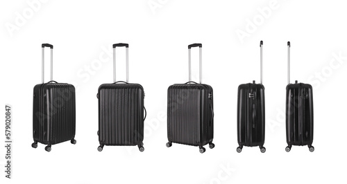 Black plastic suitcase with transparent background, vacation luggage in perspective view