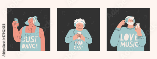 Characters in big headphones and with smartphones in their hands. Young woman, man and child or teenager listening to music, audiobook or podcast. Vector trendy illustration for design.