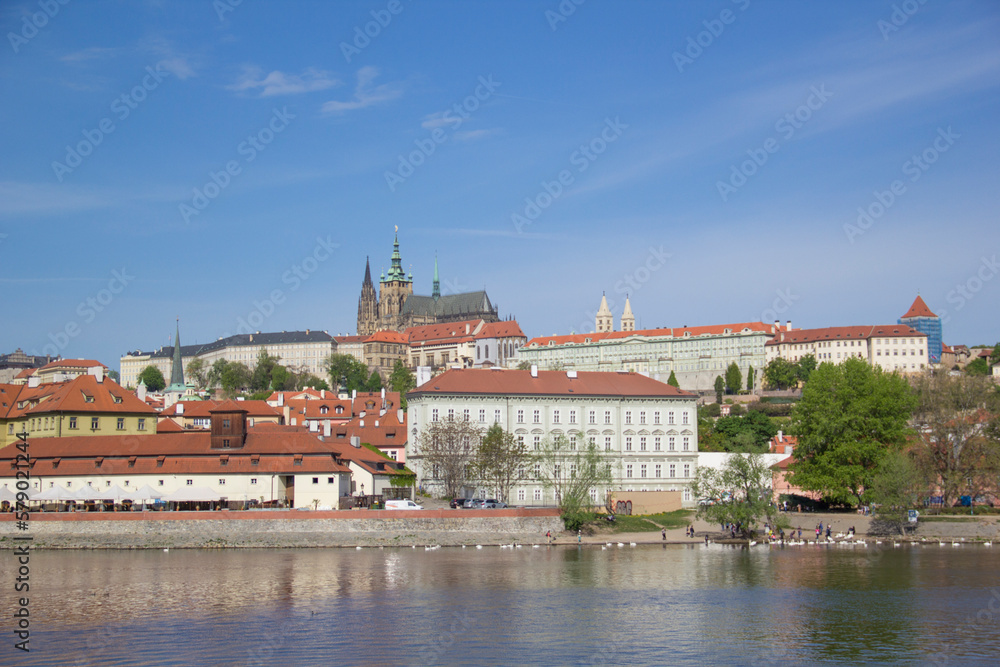 Beautiful view of St. Vitus Cathedral, Prague Castle, and Mala Strana in Prague, Czech Republic