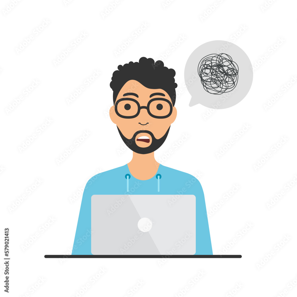 Man with tangled thoughts. Business problem solving or difficult situation. Bubble with mess thoghts or minds. Brainstorming concept. Vector illustration isolated on white. Man with tangled thoughts. Business problem solving or difficult situation. Bubble with mess thoghts or minds. Brainstorming concept. Vector illustration isolated on white.