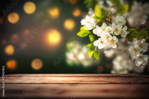 Magic background of spring blossoms on wooden table in green garden with bokeh lights. Generative ai. © erika8213