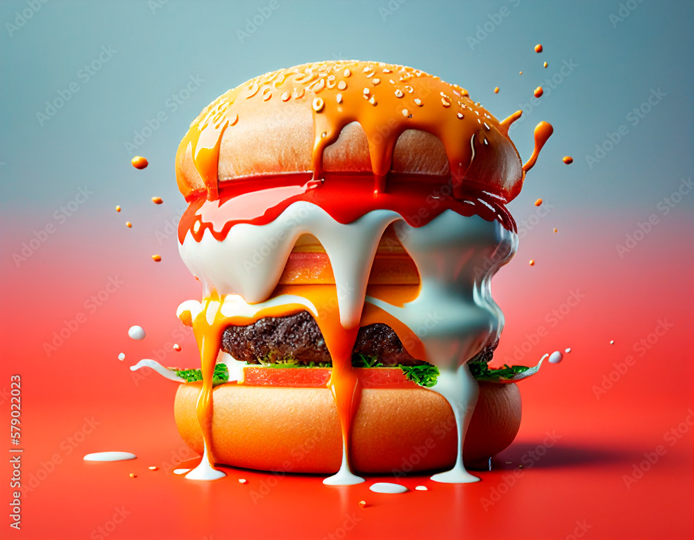 tasty beef burger, ketchup and mayonnaise sauce squirts in an explosion