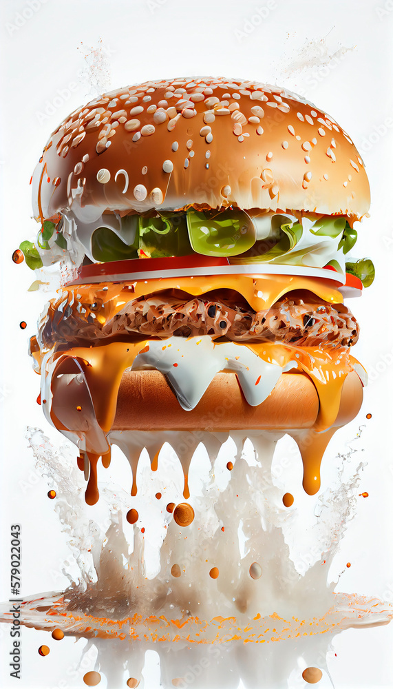 tasty beef burger, ketchup and mayonnaise sauce squirts in an explosion