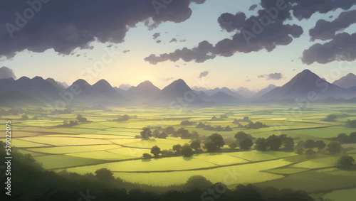 Beautiful Mountains and Farmlands Scenery during Sunset or Sunrise Detailed Hand Drawn Painting Illustration