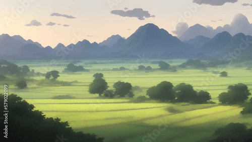 Beautiful Mountains and Farmlands Scenery during Sunset or Sunrise Detailed Hand Drawn Painting Illustration