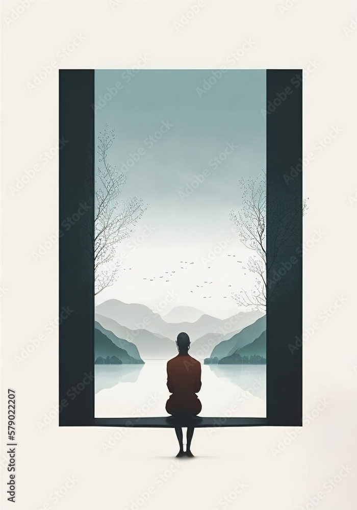 Fototapeta premium Minimal abstract landscape wall art illustration, Tranquil Minimalism, generative ai