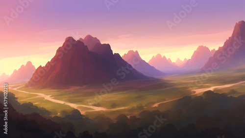 Beautiful Nature Mountains Scenery During Sunset or Sunrise Detailed Hand Drawn Painting Illustration