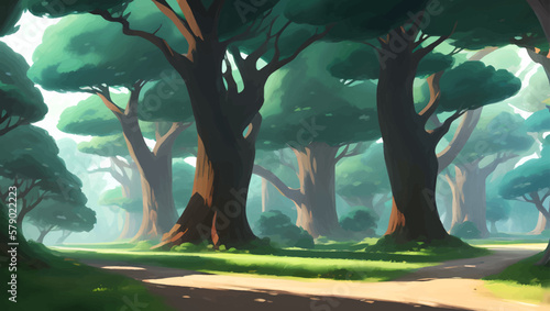Natural Road Path Surrounded by Trees in The Forest Scenery Detailed Hand Drawn Painting Illustration