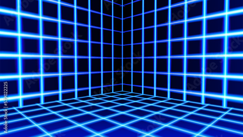 Neon room corner with 80s styled laser grid in synthwave style. 3D interior with wireframe neon walls.