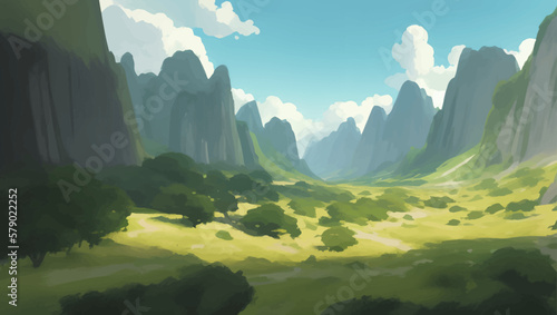 Beautiful Nature Green Scenery Cliffs and Hills Detailed Hand Drawn Painting Illustration