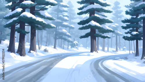 Snowy Road Surrounded by Pine Trees Detailed Hand Drawn Painting Illustration