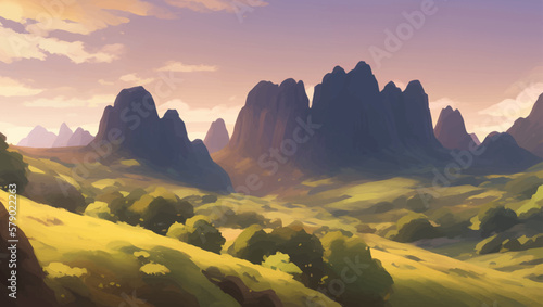 Beautiful Nature Green Scenery Cliffs and Hills During Sunset or Sunrise Detailed Hand Drawn Painting Illustration