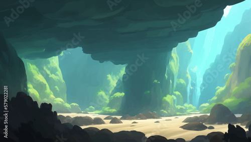 Beautiful Green Nature Scenery with Hills view from Cave Silhouette Detailed Hand Drawn Painting Illustration