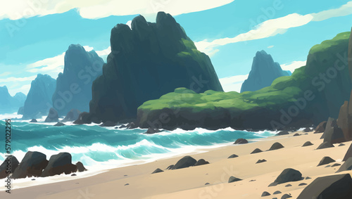 Beautiful Rocky Seascape with Beach Sand Detailed Hand Drawn Painting Illustration