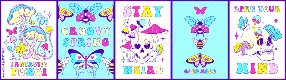 Hippie groovy floral set of prints, posters with mushrooms, fun skull, naive style spring butterflies and careless slogans.Retro crazy 60s, 70s psychedelic and positive fungies, vibrant positive vibe Hippie groovy floral set of prints, posters with mushrooms, fun skull, naive style spring butterflies and careless slogans.Retro crazy 60s, 70s psychedelic and positive fungies, vibrant positive vibe
