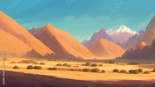 Rocky Desert with Canyons Detailed Hand Drawn Painting Illustration