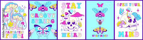 Hippie groovy floral set of prints, posters with mushrooms, fun skull, naive style spring butterflies and careless slogans.Retro crazy 60s, 70s psychedelic and positive fungies, vibrant positive vibe