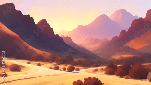 Rocky Desert with Canyons during Sunrise or Sunset Detailed Hand Drawn Painting Illustration