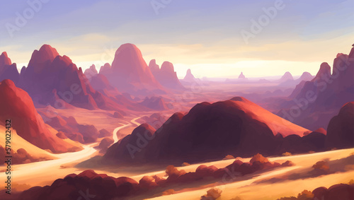 Rocky Desert with Canyons during Sunrise or Sunset Detailed Hand Drawn Painting Illustration