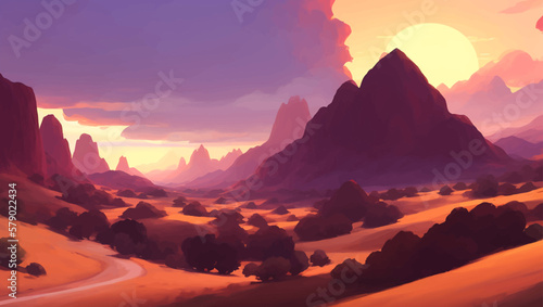 Rocky Desert with Canyons during Sunrise or Sunset Detailed Hand Drawn Painting Illustration