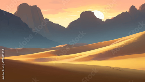 Rocky Desert with Canyons during Sunrise or Sunset Detailed Hand Drawn Painting Illustration